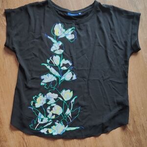 Apt. 9 Black Short-Sleeve Top with White & Green Floral Print